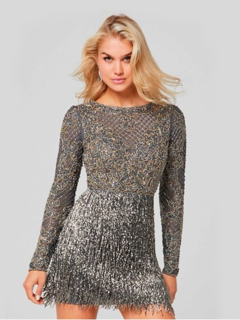 Primavera Couture pewter fringe cocktail dress